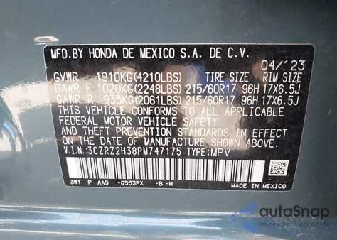 2023 Honda Hr-V Awd Lx z USA, uszkodzony, nr VIN 3CZRZ2H38PM747175